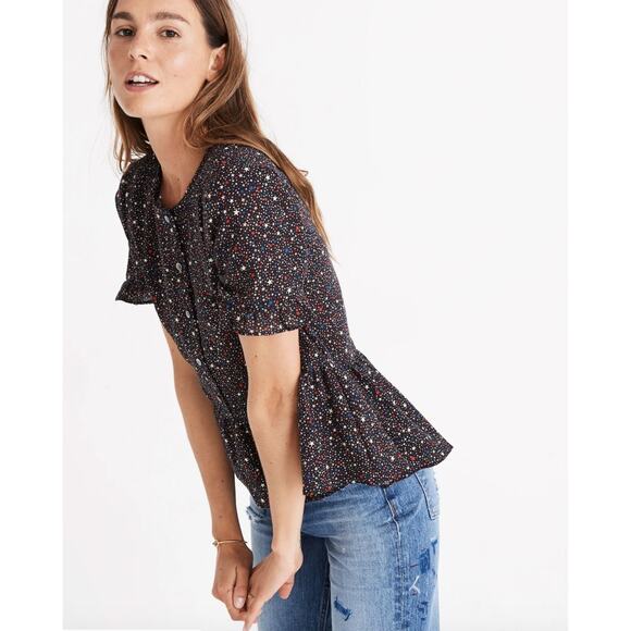 Madewell Studio Ruffle-Hem Top in Starry Night Black Star Print XXS 100% Cotton - Picture 2 of 16